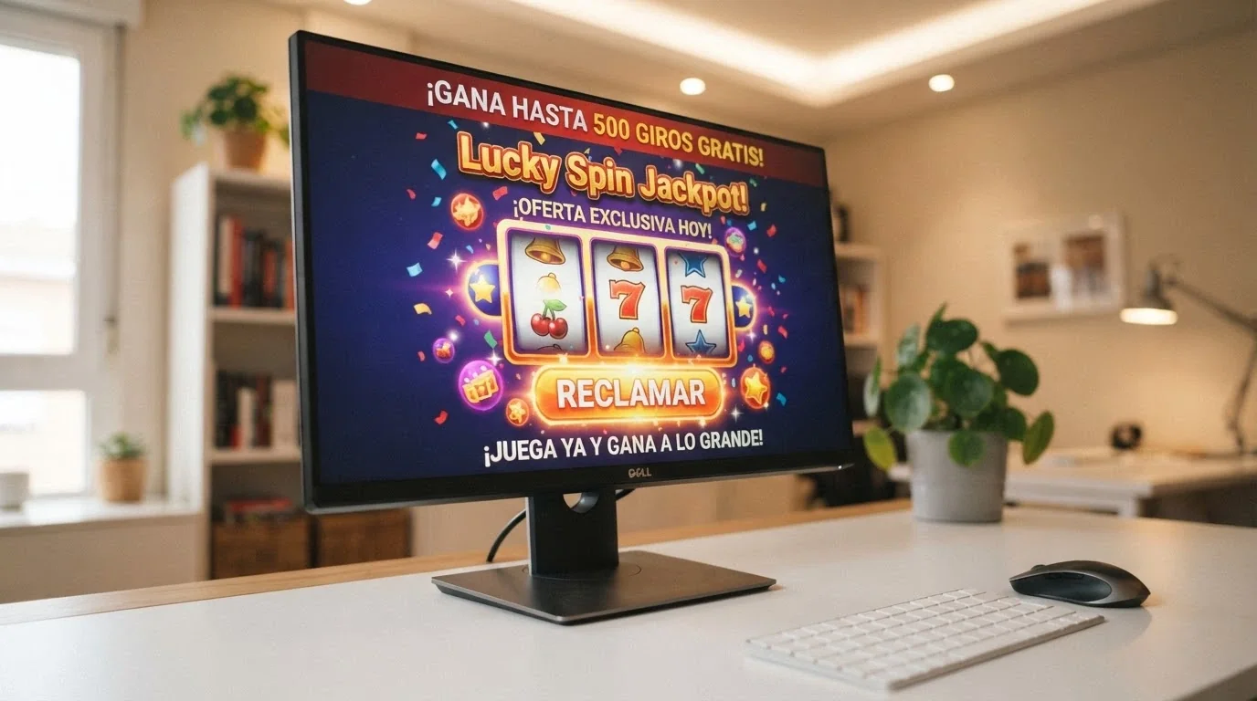 Pantalla de un ordenador mostrando la promoción de tiradas gratis de un casino online con el botón «Reclamar» visible