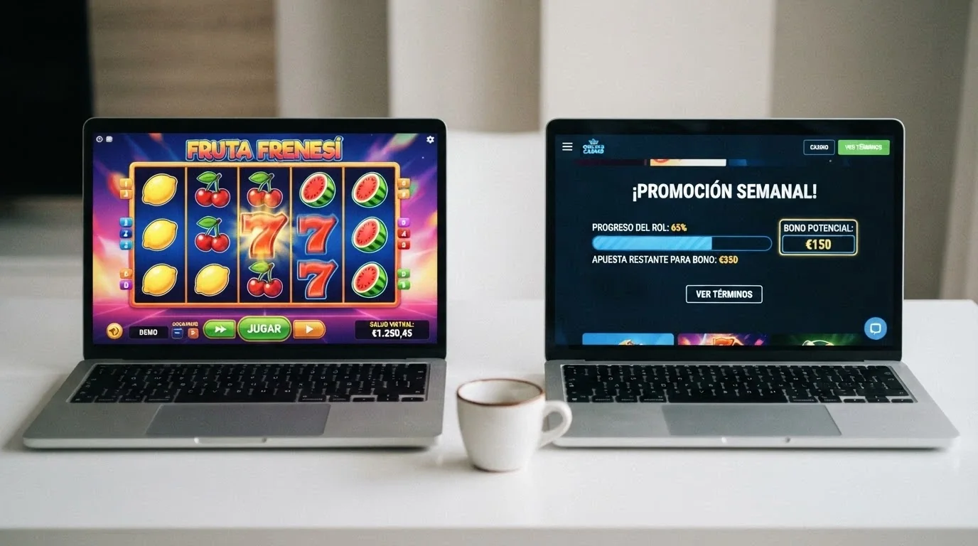 Pantalla dividida: a la izquierda un juego en modo demo con el marcador de «saldo ficticio», a la derecha un bono sin depósito con el contador de rollover visible