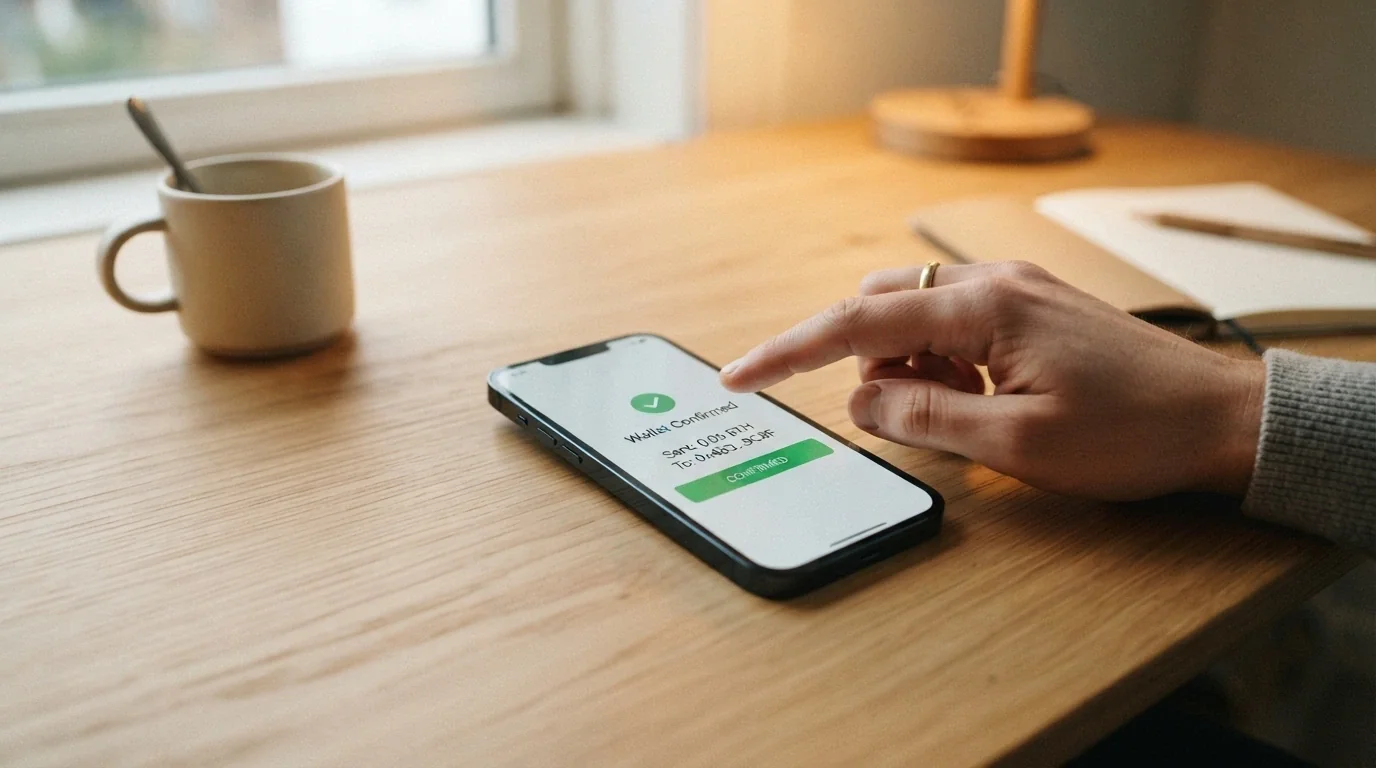 Un teléfono móvil mostrando una app de wallet con una dirección BEP-20 y una pantalla de casino confirmando el depósito