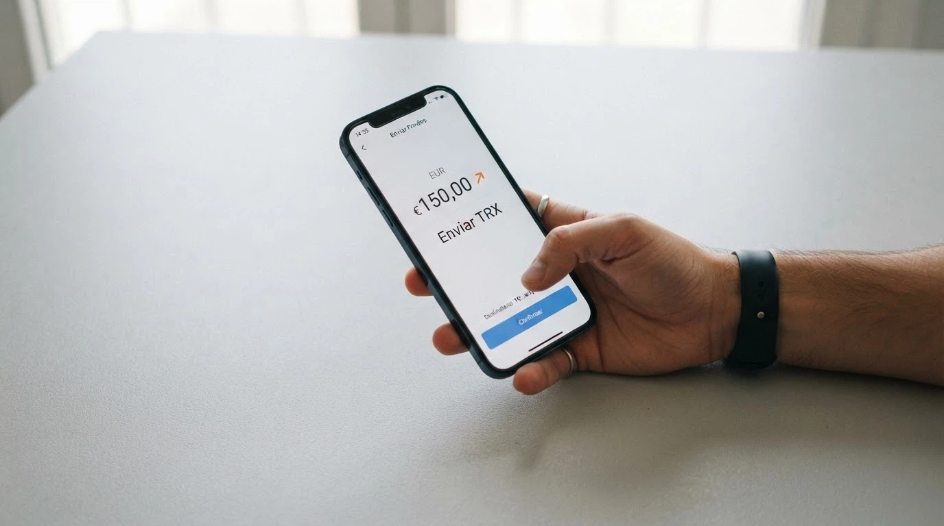 Pantalla de un monedero de criptomonedas mostrando una transferencia TRX saliente hacia una dirección de casino, con el importe en TRX y su equivalente en euros