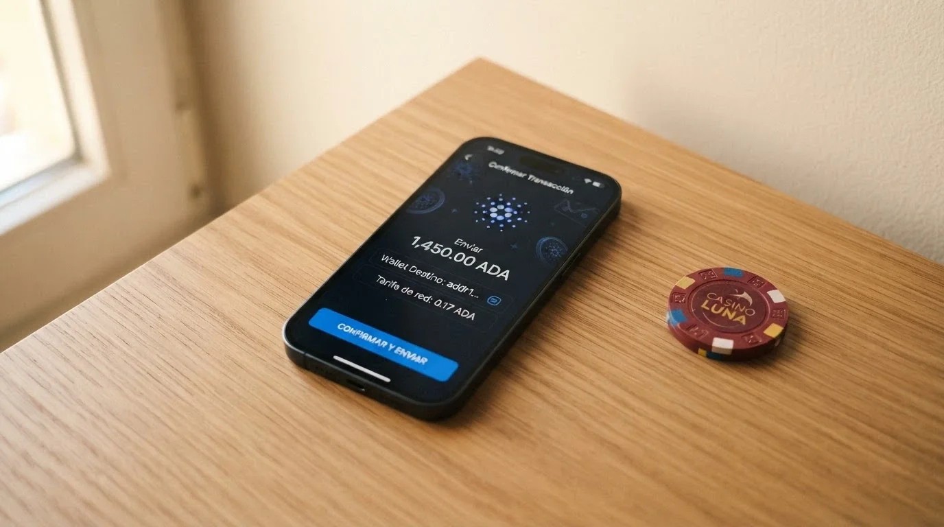 Cartera de Cardano mostrando una transacción saliente hacia una dirección de casino, con el importe en ADA y la comisión de red visibles