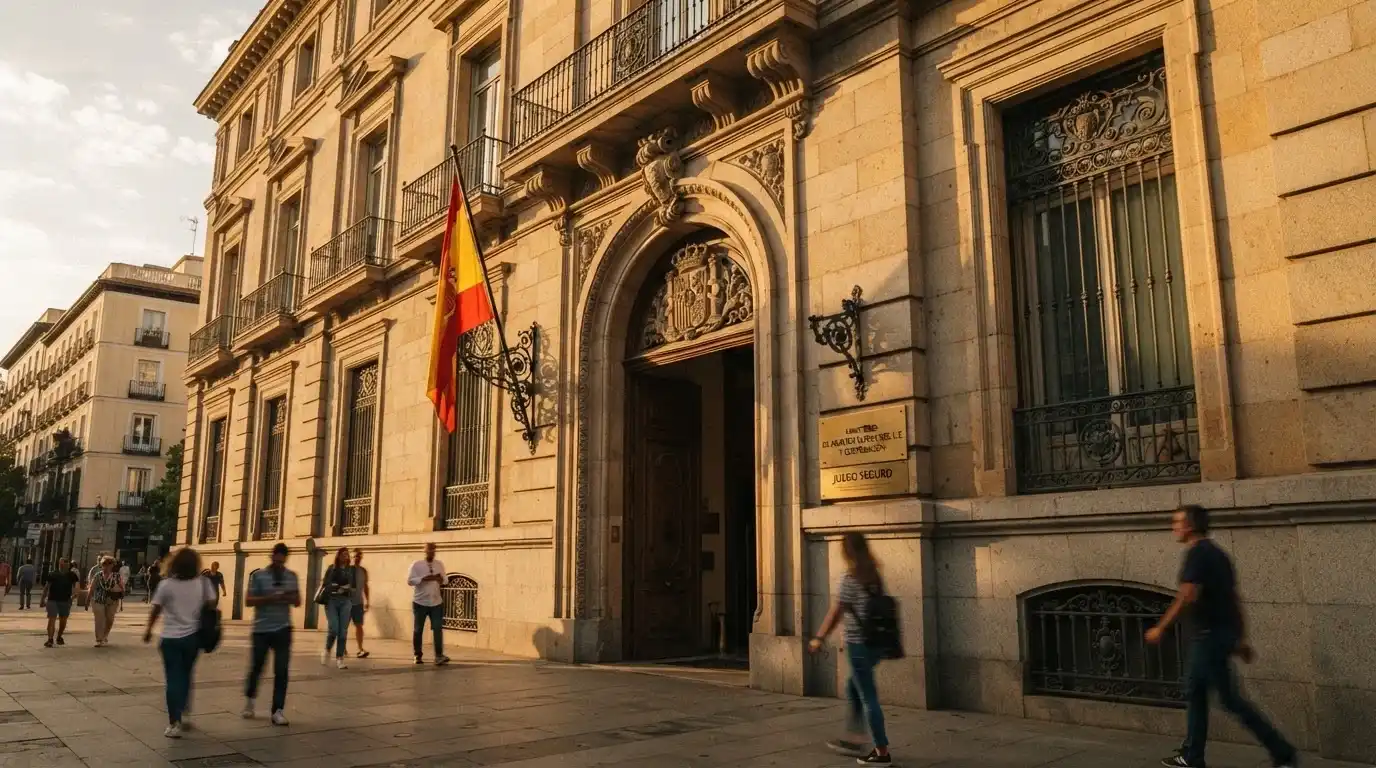 Sede de la Dirección General de Ordenación del Juego en Madrid con la bandera de España y un cartel de «juego seguro» en la fachada