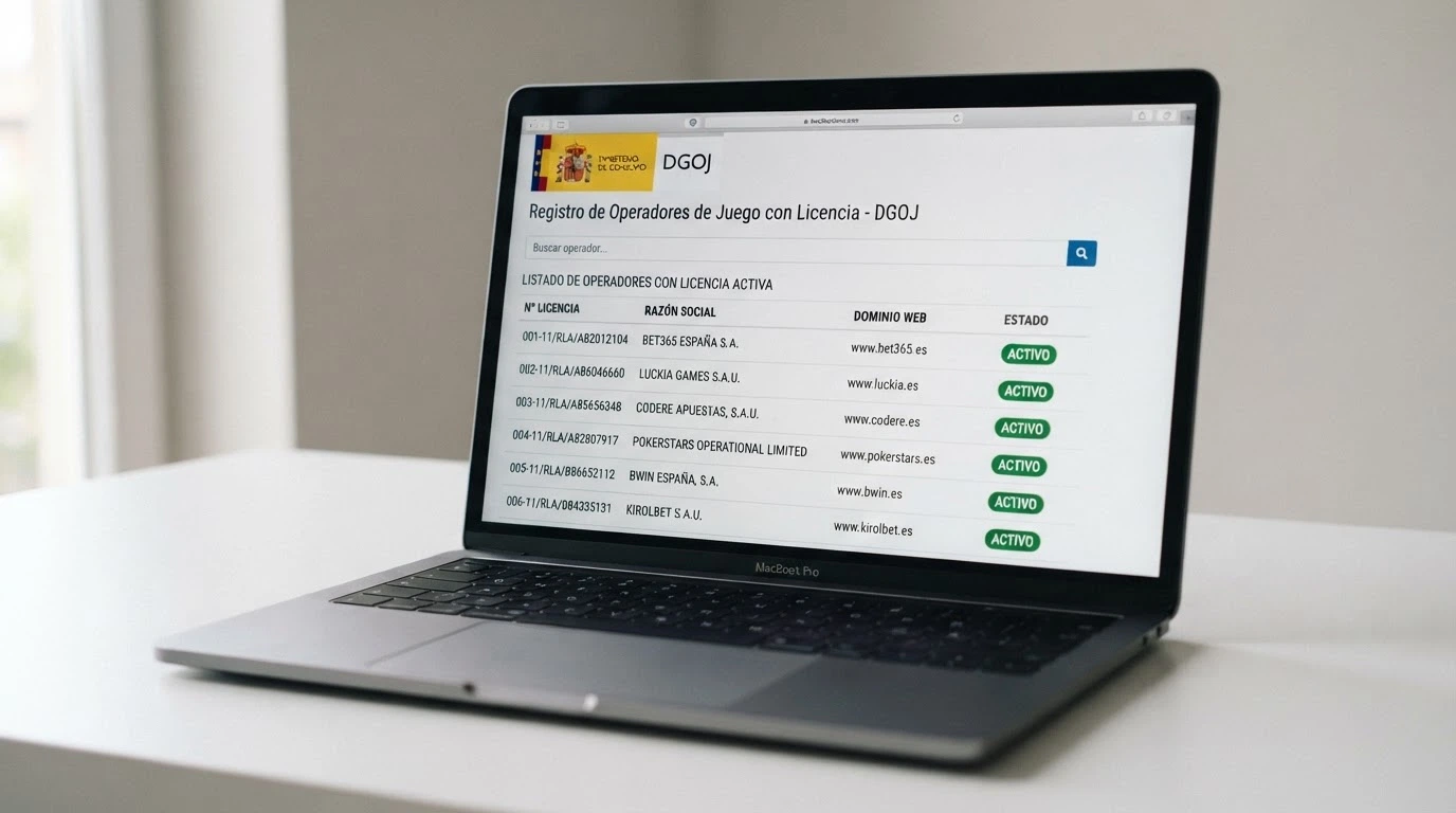 Pantalla del registro público de la DGOJ en ordenacionjuego.es mostrando un listado de operadores con licencia, con el dominio .es y el estado «activo» visibles.