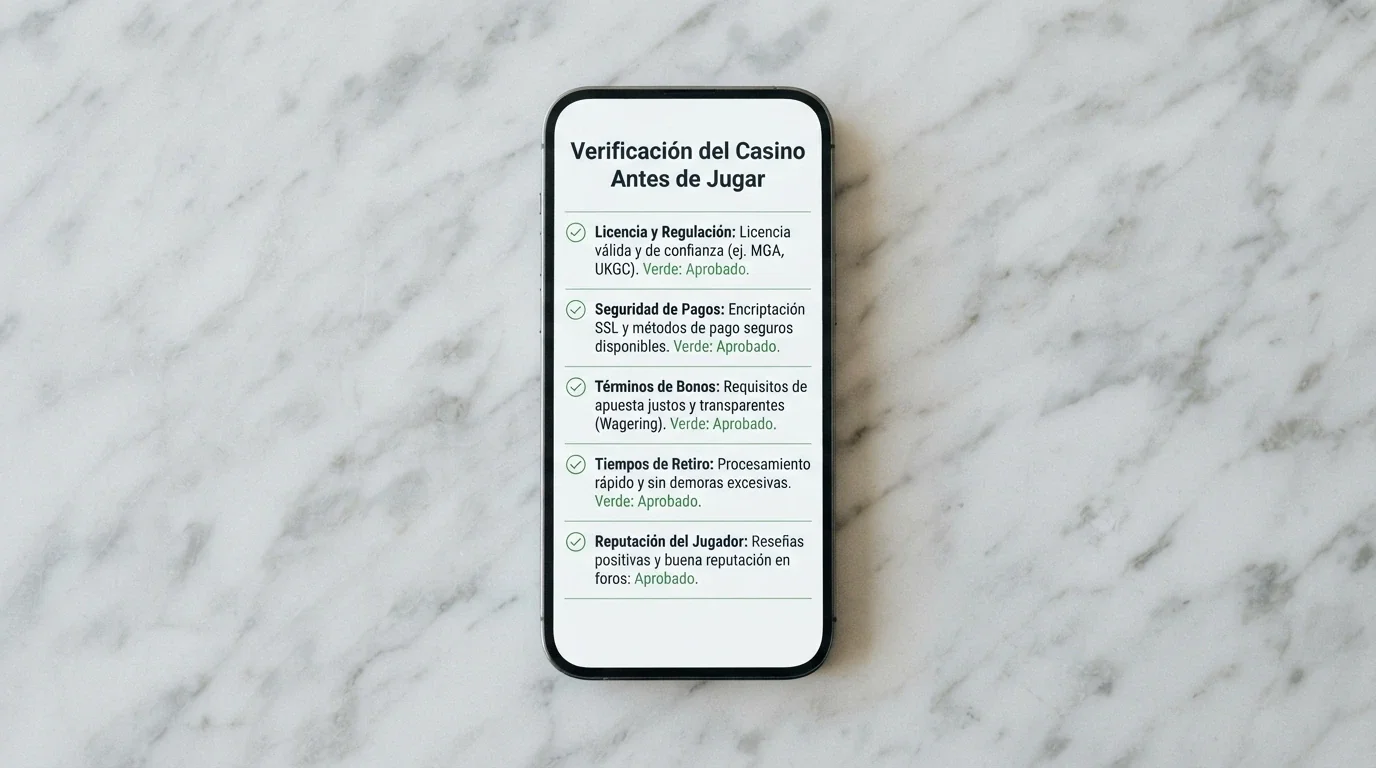 Lista de verificación visual con los criterios clave para evaluar un casino con Cardano: licencia, condiciones de bono, plazos de retirada y opiniones de usuarios