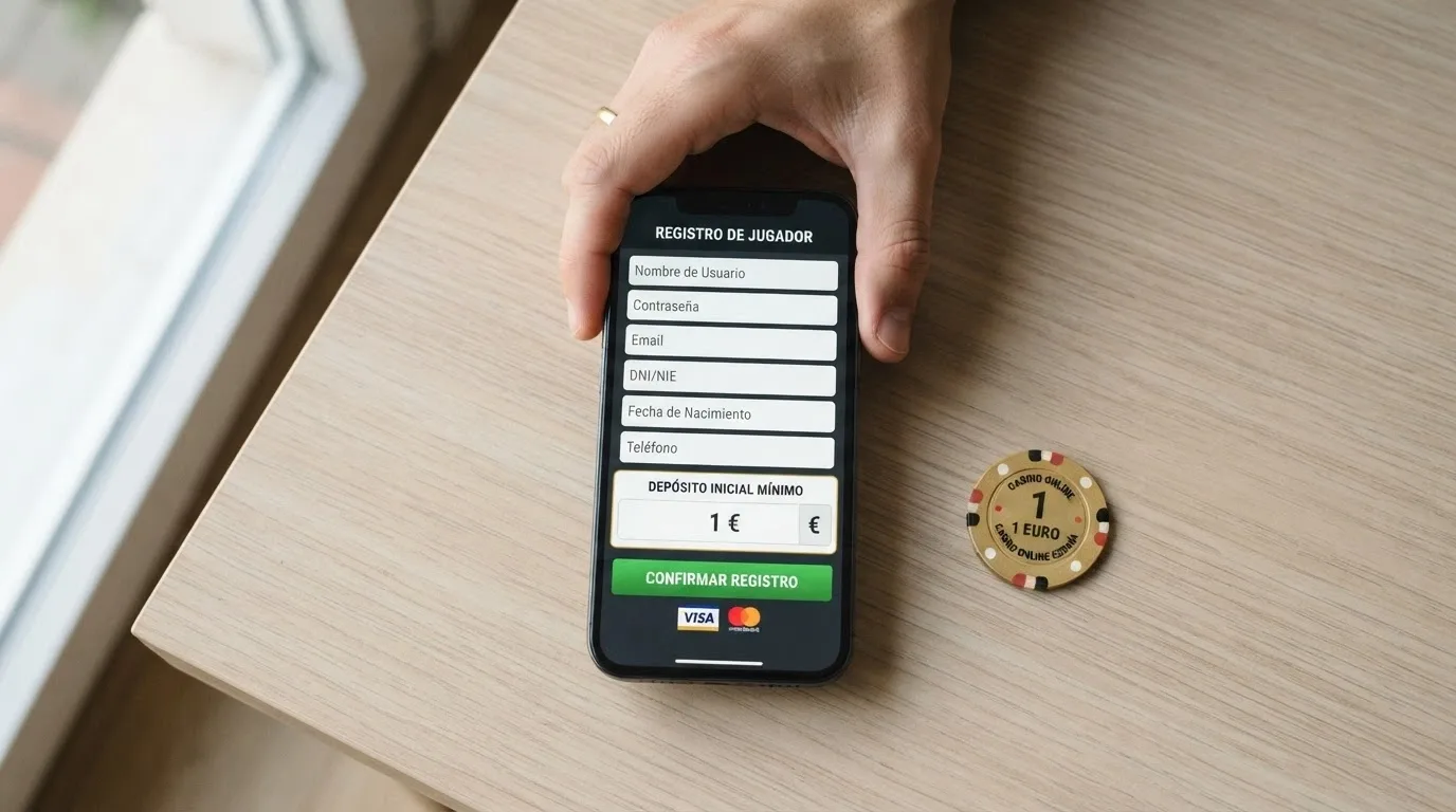 Mano sosteniendo un teléfono con la pantalla de registro de un casino online junto a un euro físico sobre una mesa
