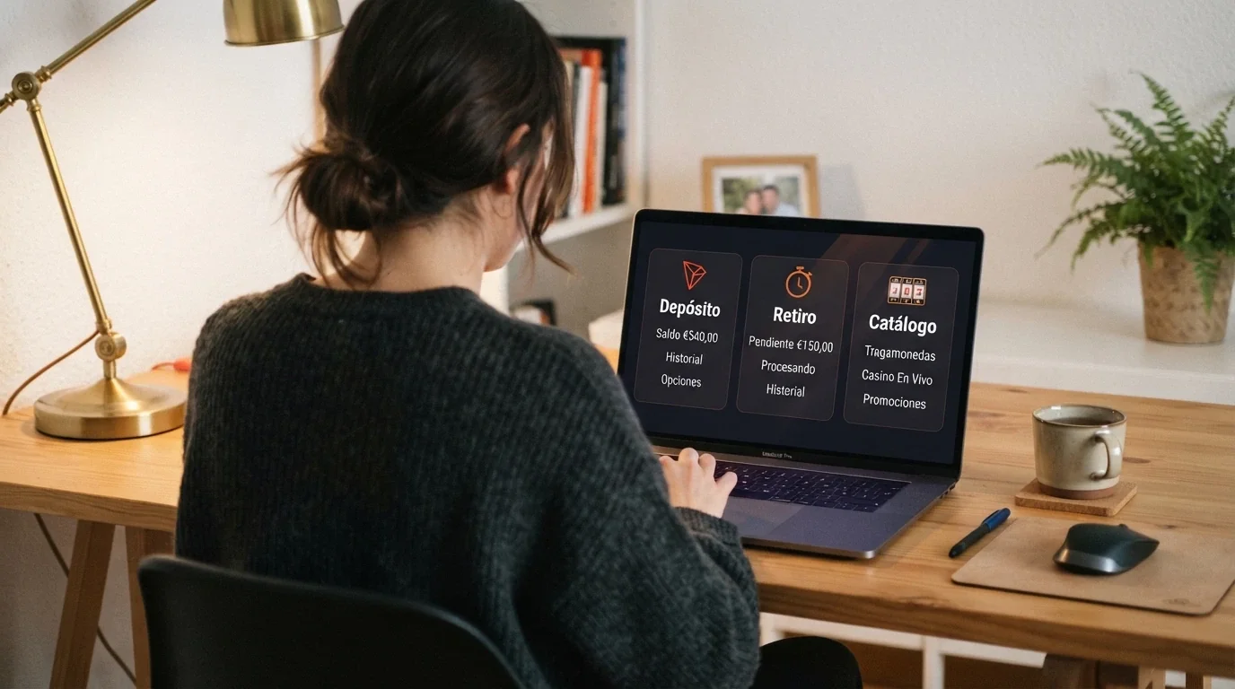 Jugador frente a una pantalla con tres columnas comparativas: depósito mínimo, velocidad de retiro y catálogo de tragaperras, con un icono de TRX en cada columna