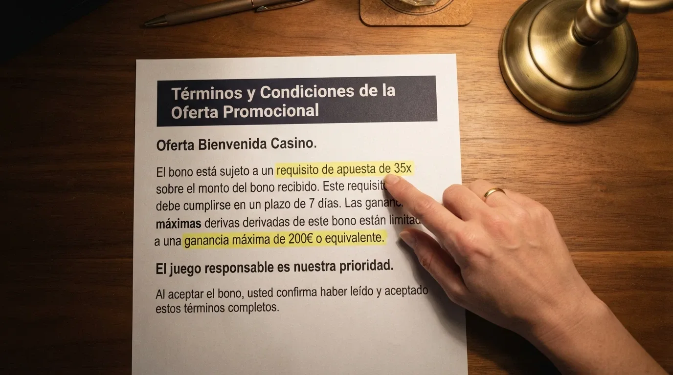 Primer plano de los términos y condiciones de una promoción de casino con el rollover y la ganancia máxima subrayados