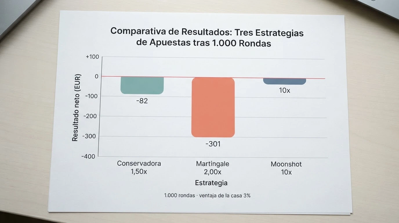 Gráfico de barras comparando el resultado neto de tres estrategias de Aviator tras 1.000 rondas de prueba