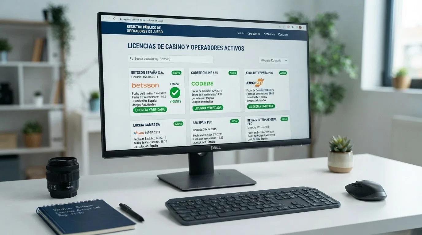 Una pantalla de ordenador muestra el registro público de operadores con licencia de la DGOJ en ordenacionjuego.es, con varias fichas de operador abiertas