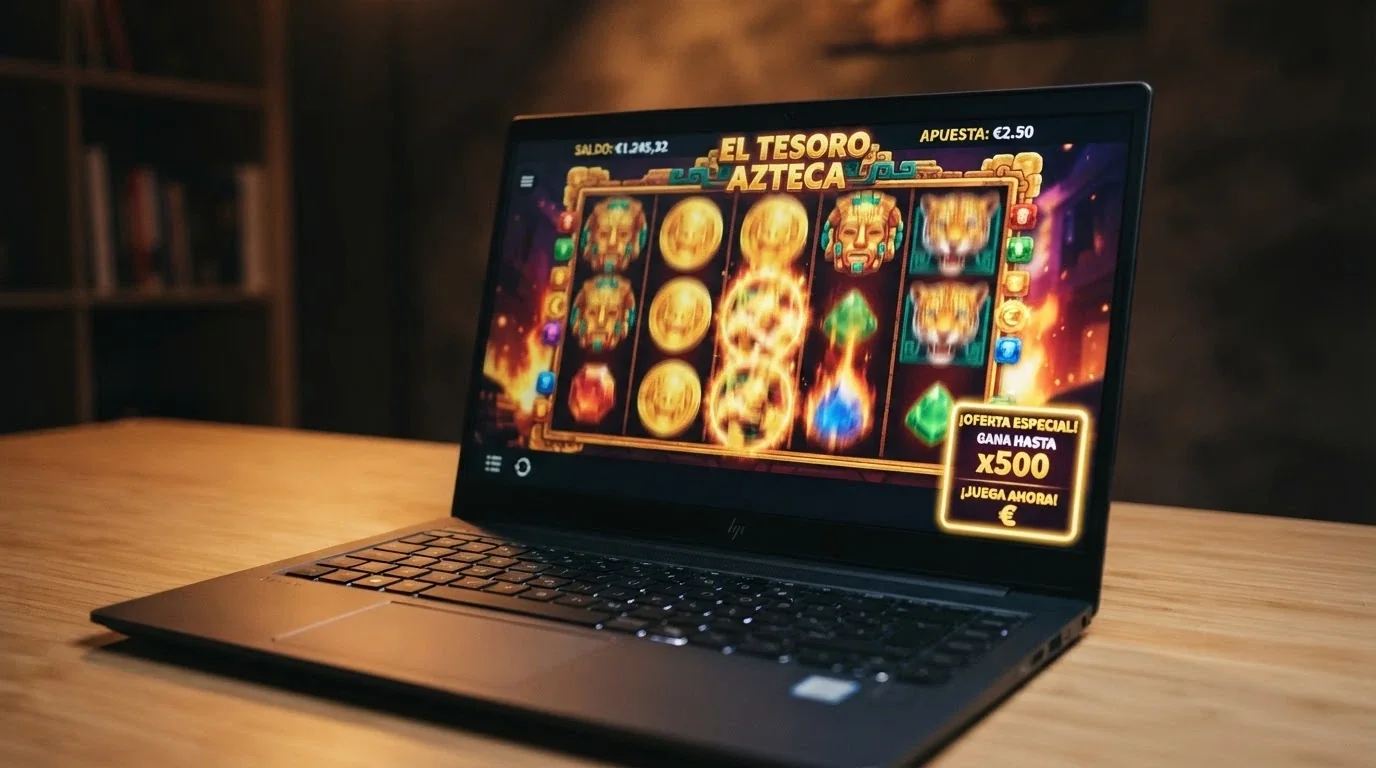Primer plano de una pantalla de casino con una oferta de giros gratis, resaltando la ganancia máxima y el rollover en la letra pequeña