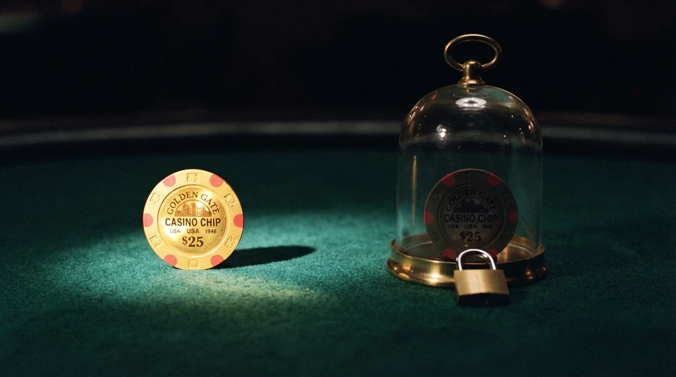 Dos monedas de 5 euros: una brilla sobre la mesa, la otra está dentro de una urna de cristal con un candado