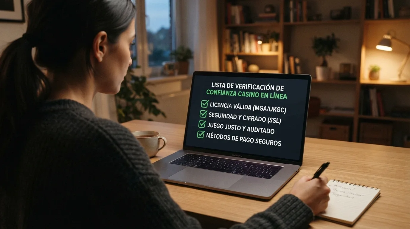 Lista de verificación sobre un fondo de ordenador con los criterios clave — licencia, bono, wagering, catálogo — marcados con ticks