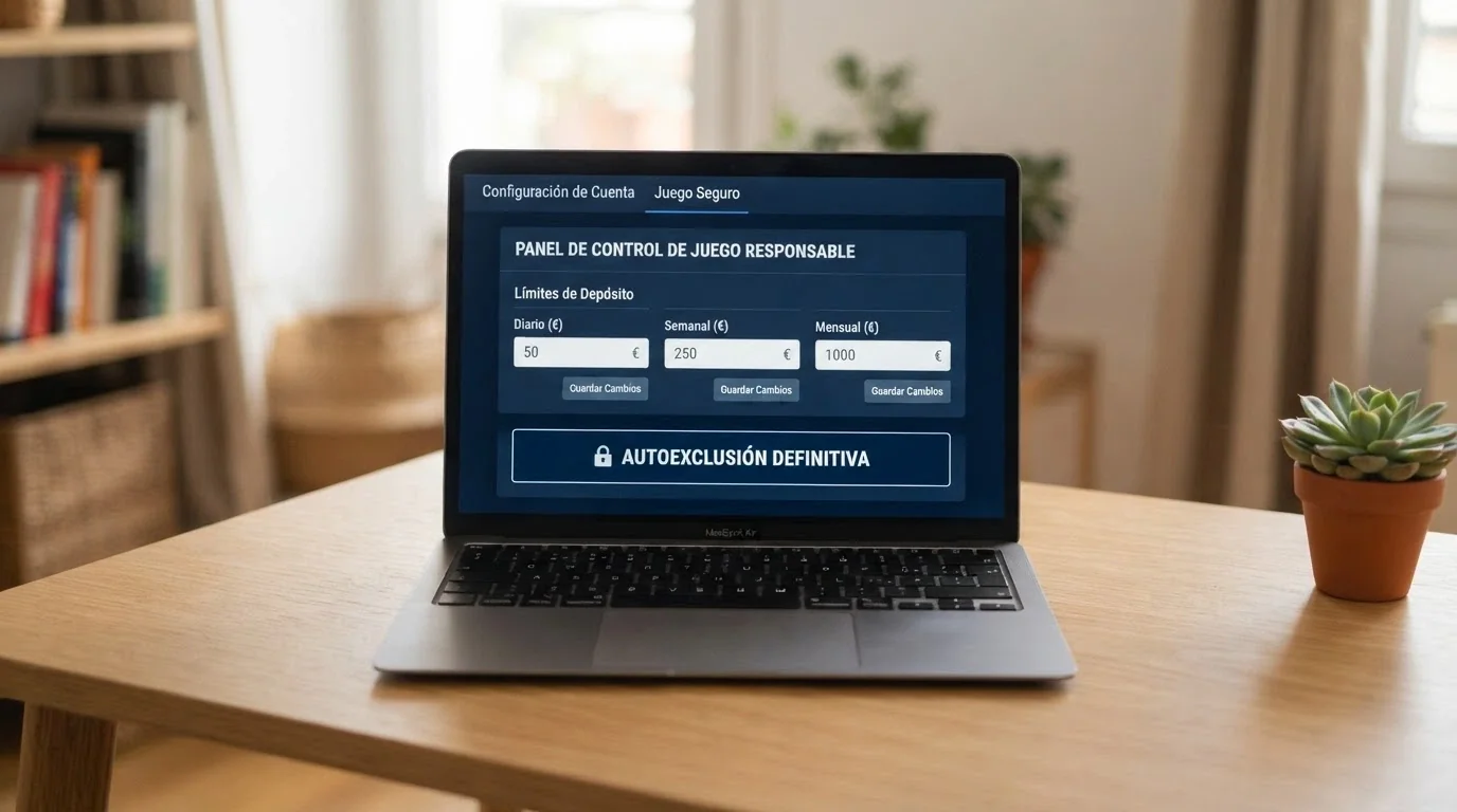 Interfaz de configuración de límites de depósito en un casino online, con un candado junto al botón de autoexclusión y el logotipo del RGIAJ