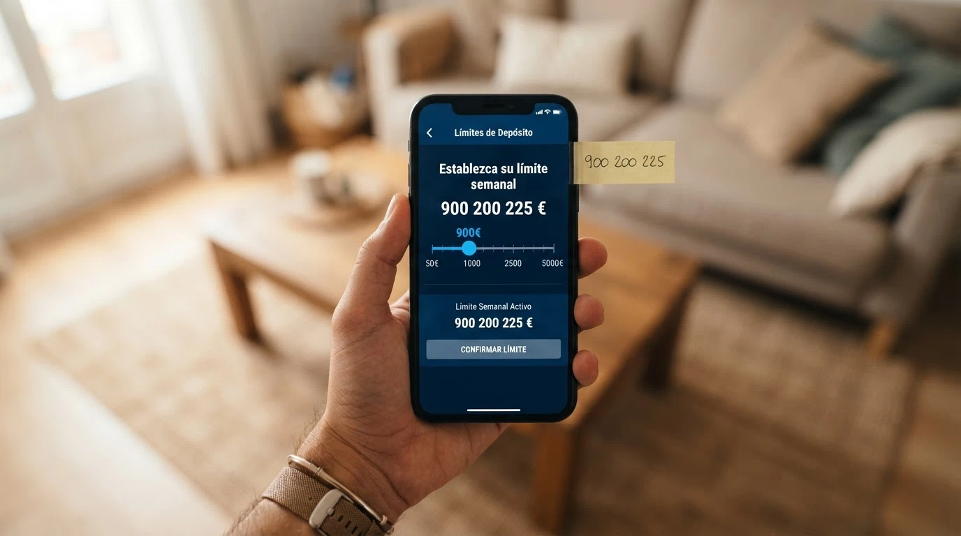Un móvil mostrando la pantalla de configuración de límites de depósito de un casino online español, con los controles deslizables visibles y el número 900 200 225 anotado en un post-it al lado