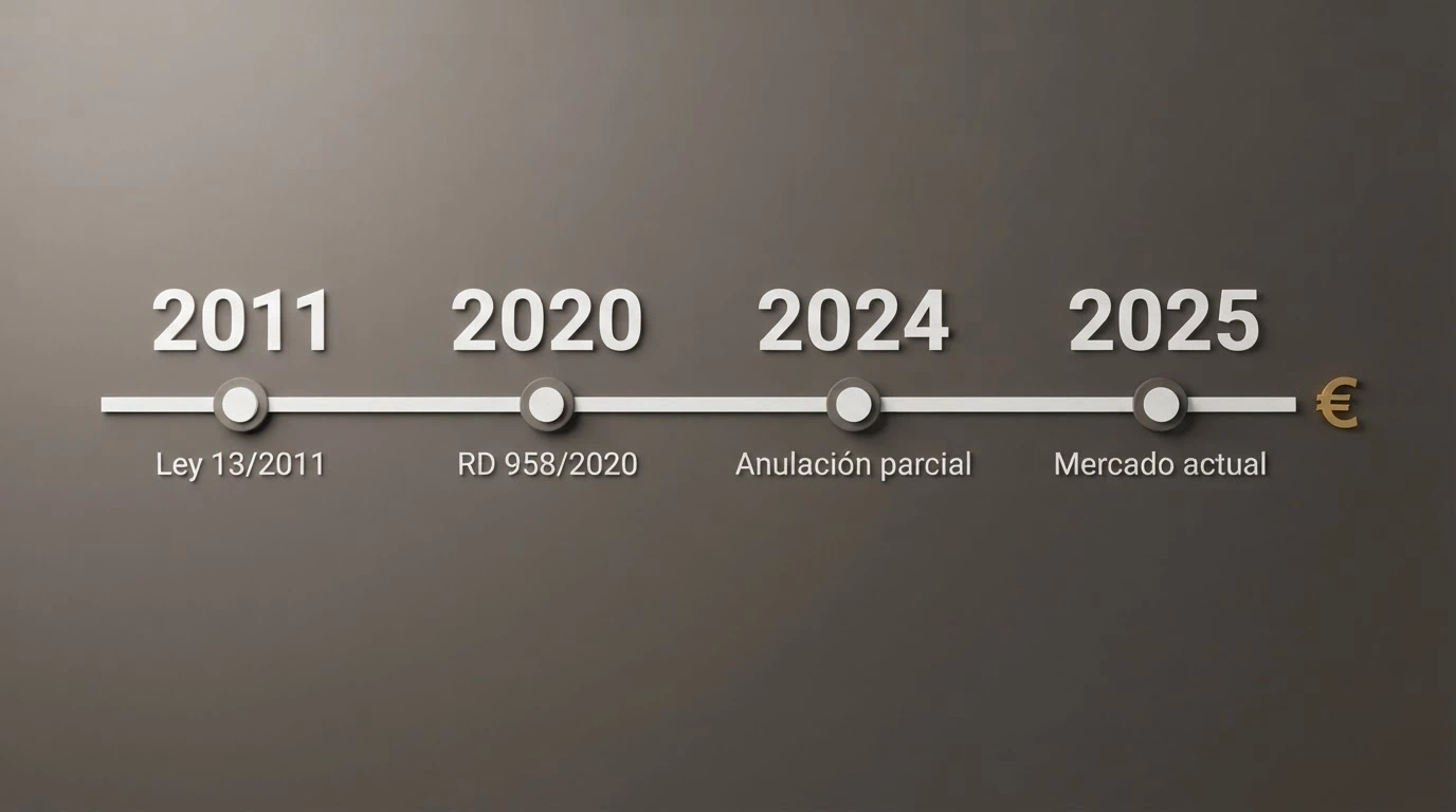 Línea temporal visual con los hitos normativos del juego online en España: 2011, 2020, 2024, 2026