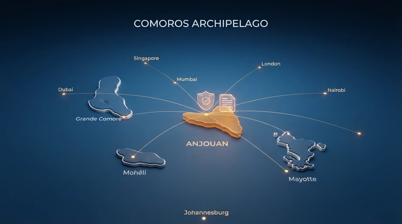 Mapa de la Unión de las Comoras con la Isla de Anjouan resaltada, junto a iconos de licencias de juego y conexiones digitales