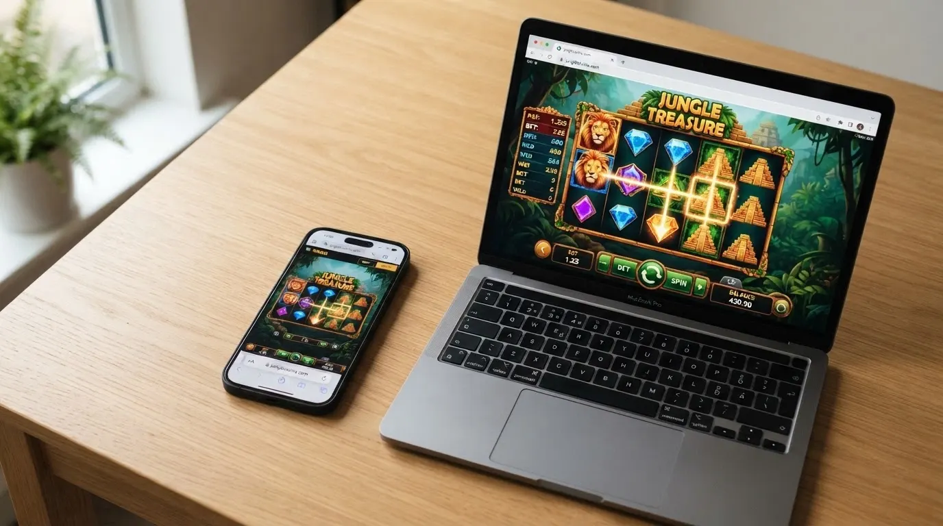 Una mano sosteniendo un móvil con un casino online abierto en el navegador, junto a un portátil mostrando el mismo juego sin diferencias