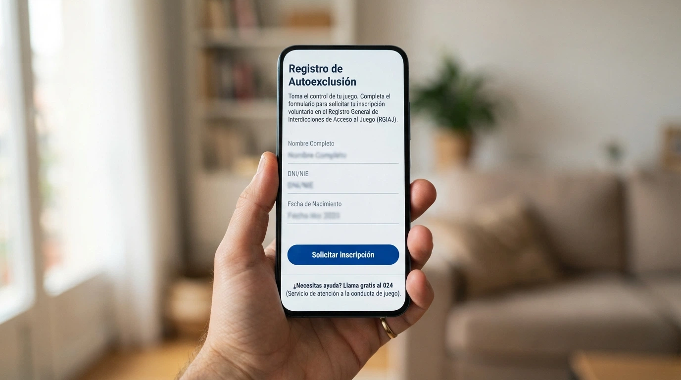 Móvil mostrando la página de autoexclusión del RGIAJ con un botón de «Solicitar inscripción» y el número 900 533 025 en pantalla