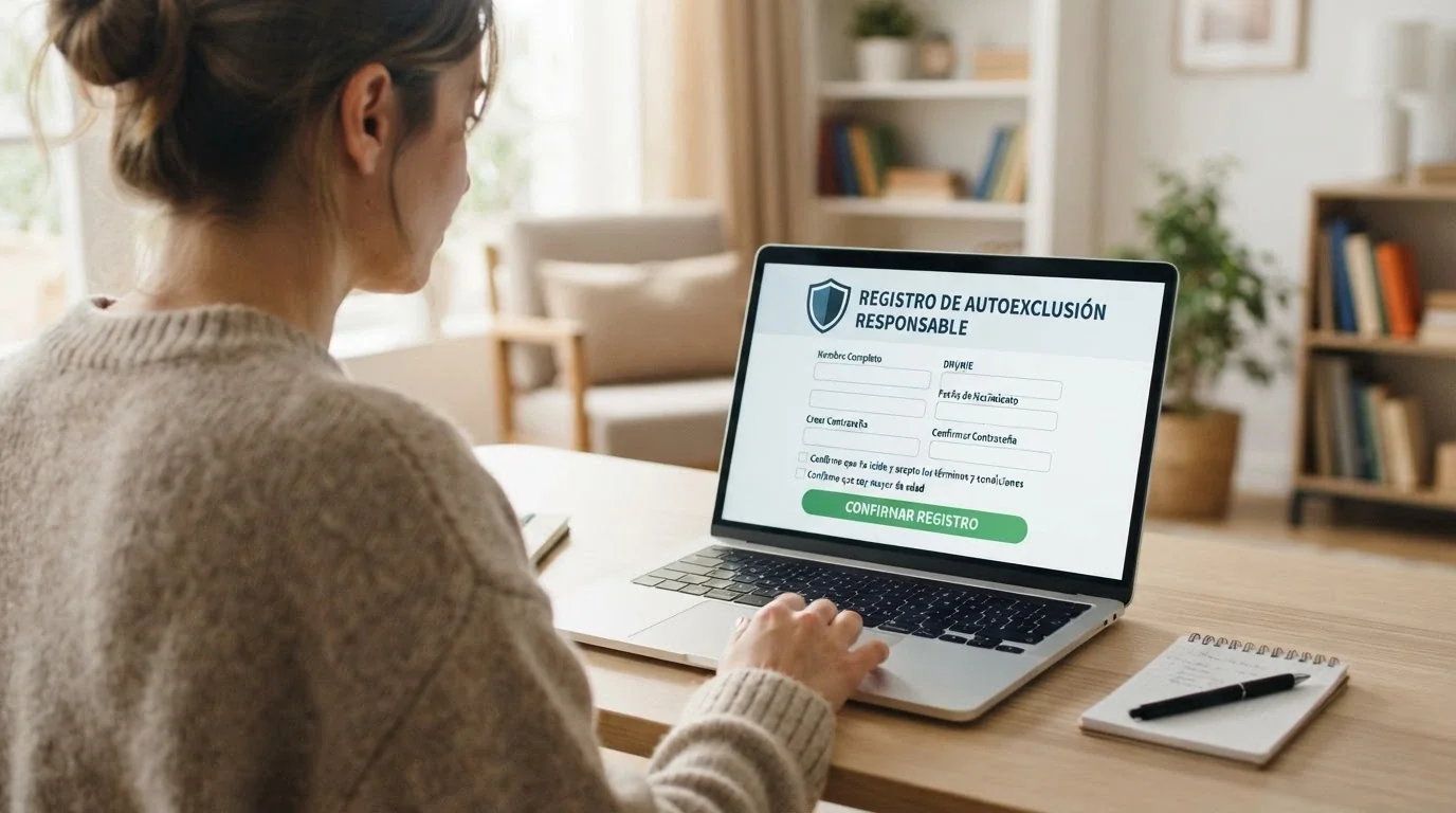 Pantalla del portal de autoexclusión RGIAJ con el formulario de inscripción y los teléfonos de ayuda visibles