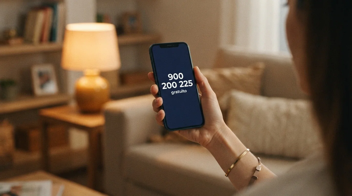 Teléfono móvil con el número 900 200 225 en pantalla, folleto de FEJAR y el texto «gratuito, anónimo, confidencial» en español