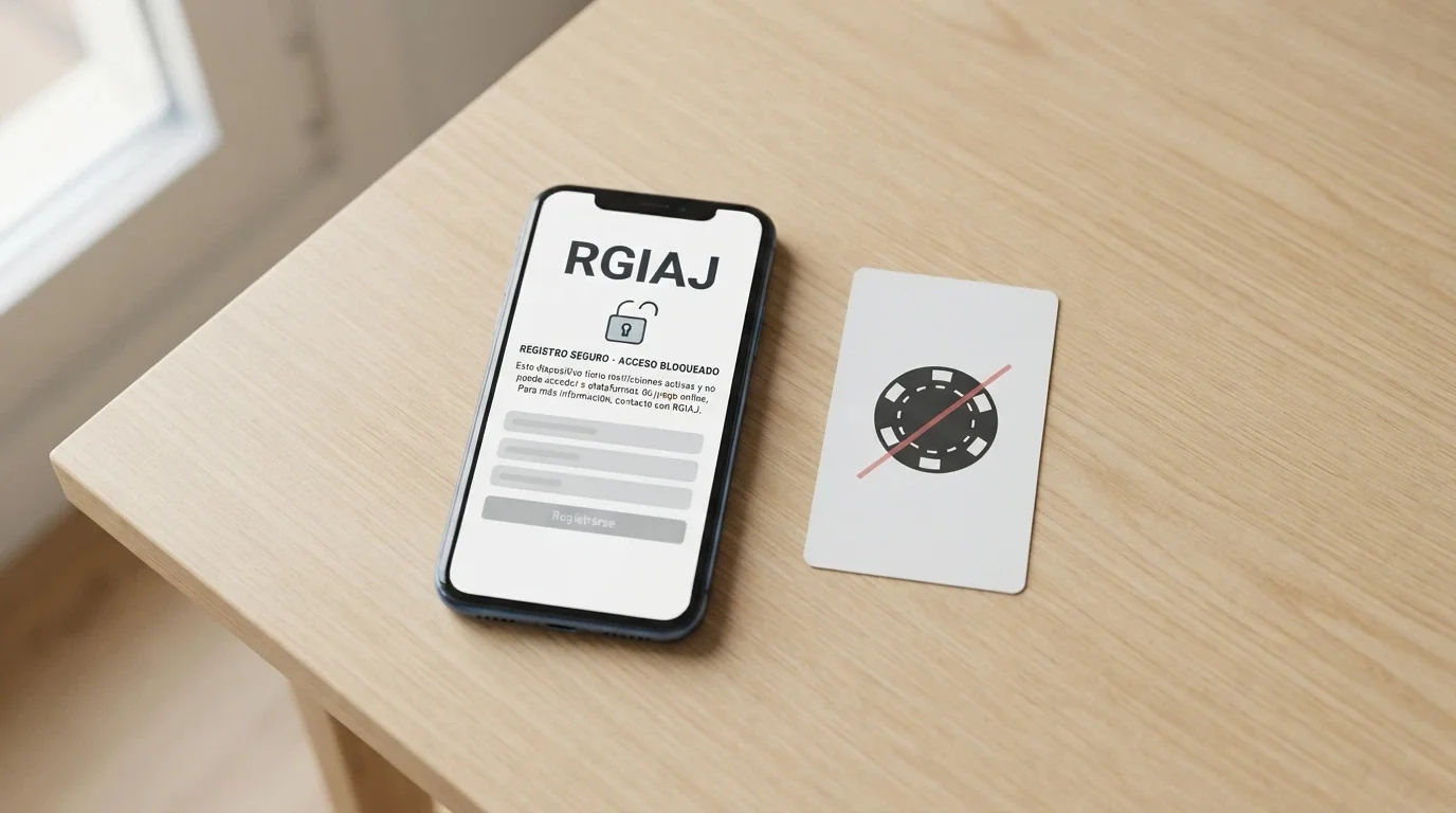 Teléfono móvil mostrando la pantalla de inscripción al RGIAJ con un candado abierto junto al icono de un casino offshore tachado