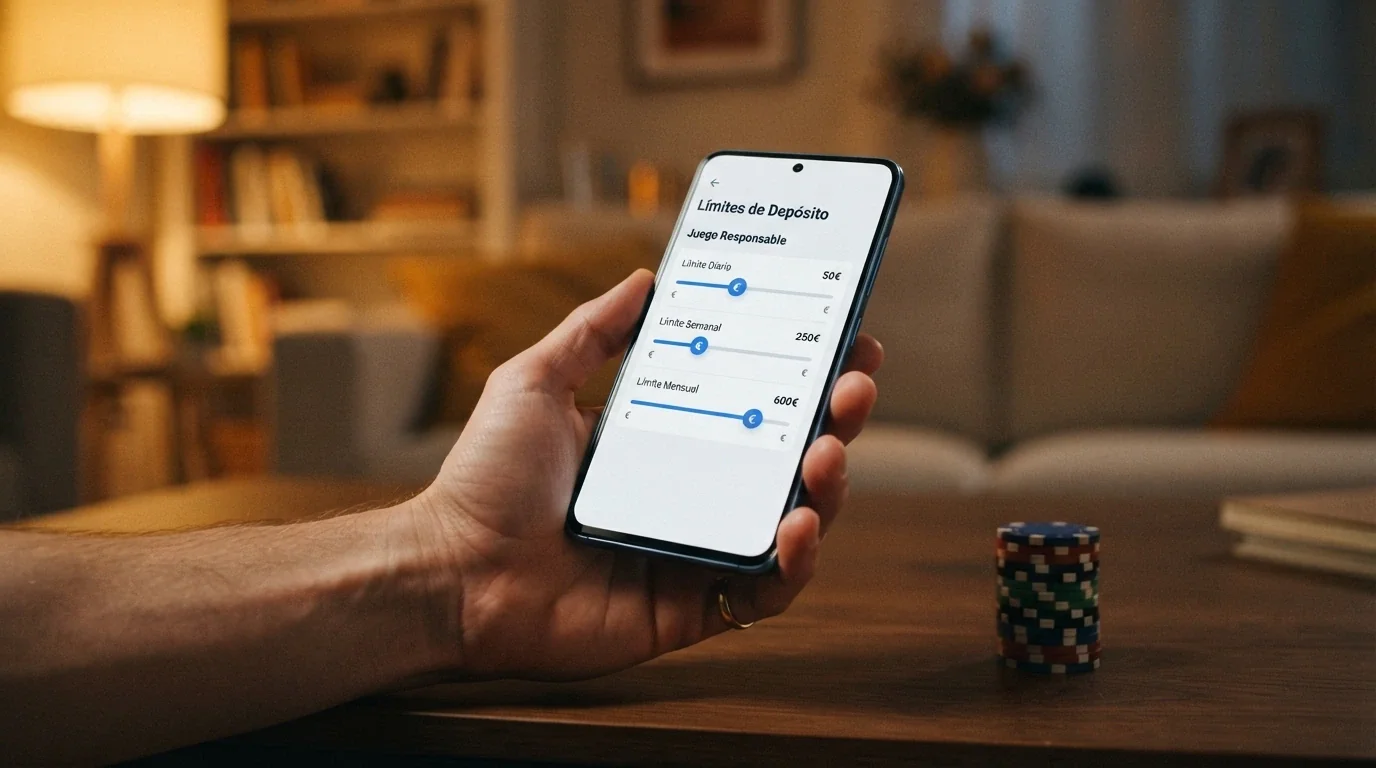 Pantalla de configuración de límites de depósito en un casino online con opciones de límite diario, semanal y mensual