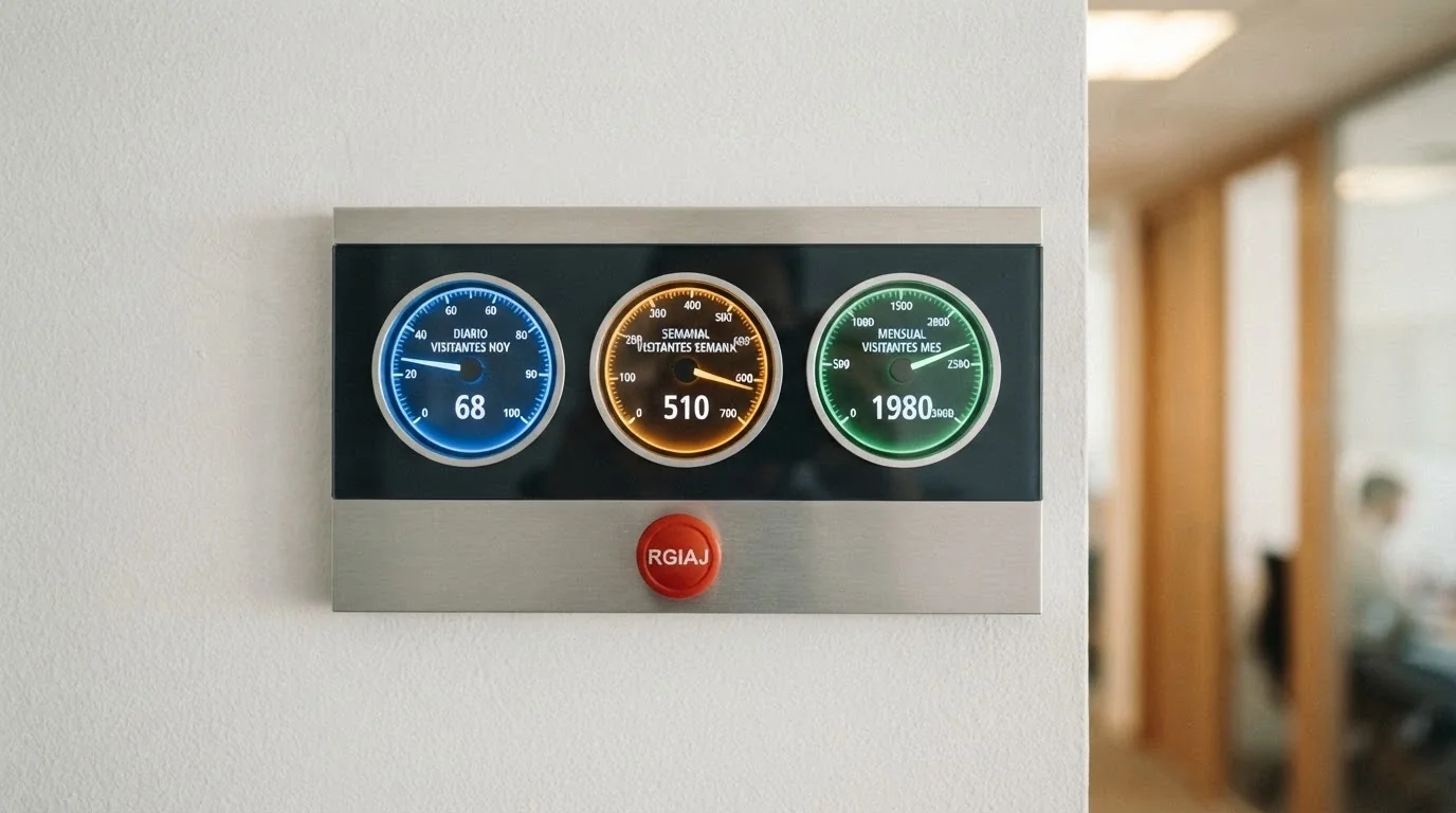 Un panel de control con tres indicadores: un reloj junto a 600 €, un calendario semanal junto a 1.500 € y un calendario mensual junto a 3.000 €, más un botón rojo con la palabra RGIAJ