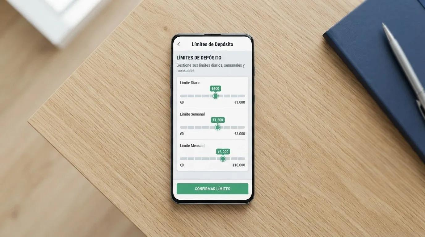 Una pantalla de configuración de límites de depósito dentro de un casino online español, con los controles deslizantes para límite diario, semanal y mensual visibles.