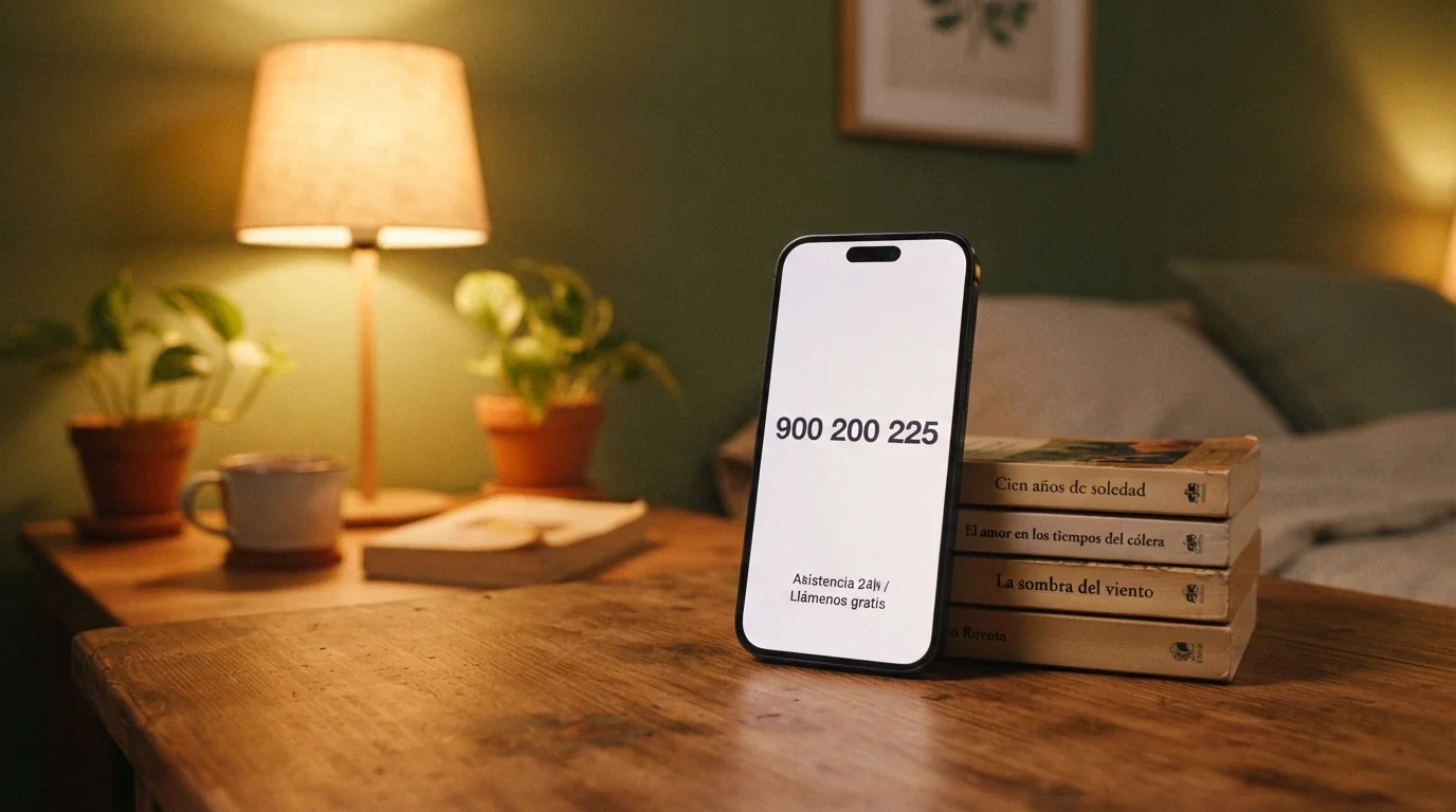Teléfono móvil con el número 900 200 225 en pantalla sobre un fondo con el logotipo de FEJAR