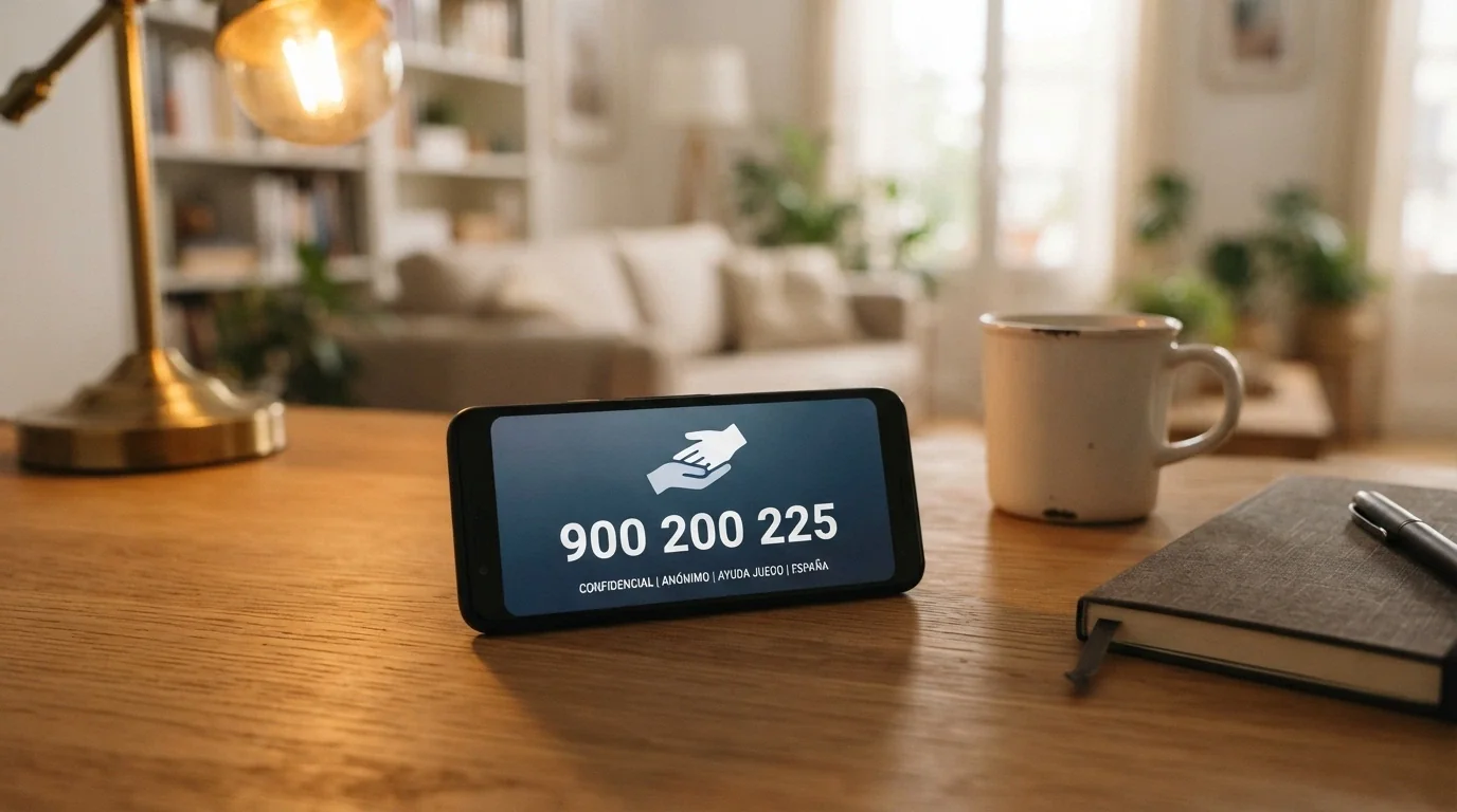 Un teléfono móvil mostrando en pantalla un número de ayuda (900 200 225) junto al icono de una mano que sostiene otra mano, sobre un escritorio con luz cálida