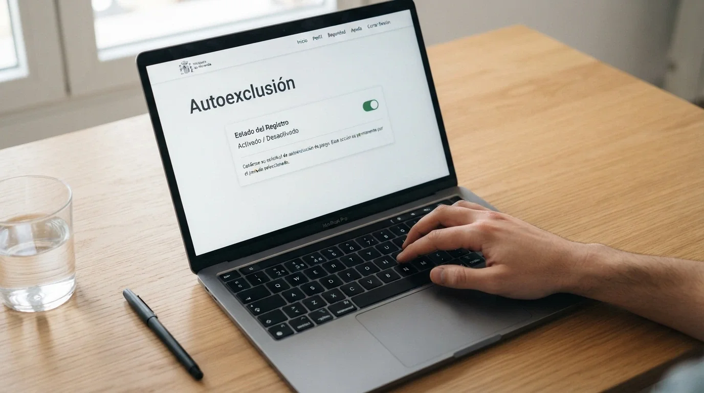 Mano sobre el teclado con la pantalla mostrando el portal de autoexclusión RGIAJ de la DGOJ