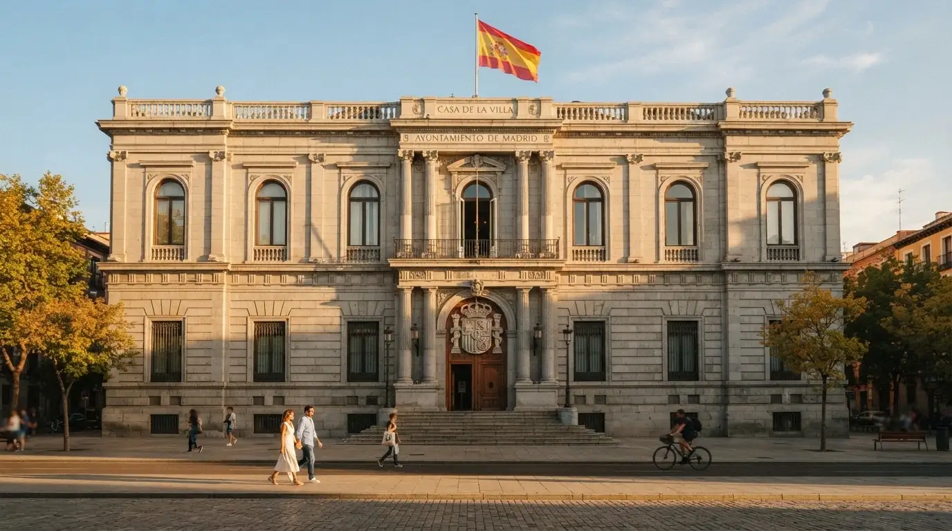 Sello de Juego Seguro y logo de la DGOJ sobre la fachada de un edificio institucional en Madrid con la bandera española
