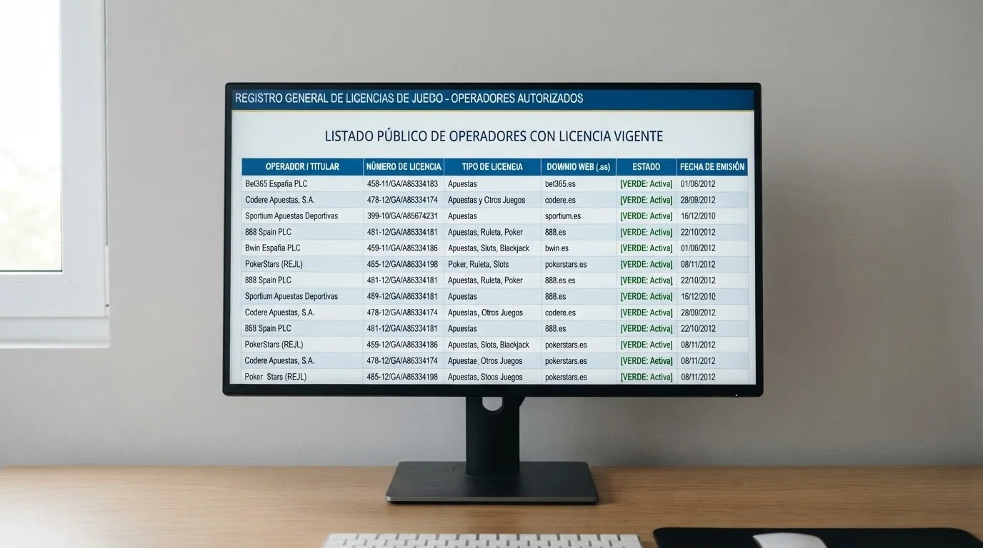 Captura de pantalla del registro oficial de operadores de juego de la DGOJ mostrando varias licencias activas con dominio .es