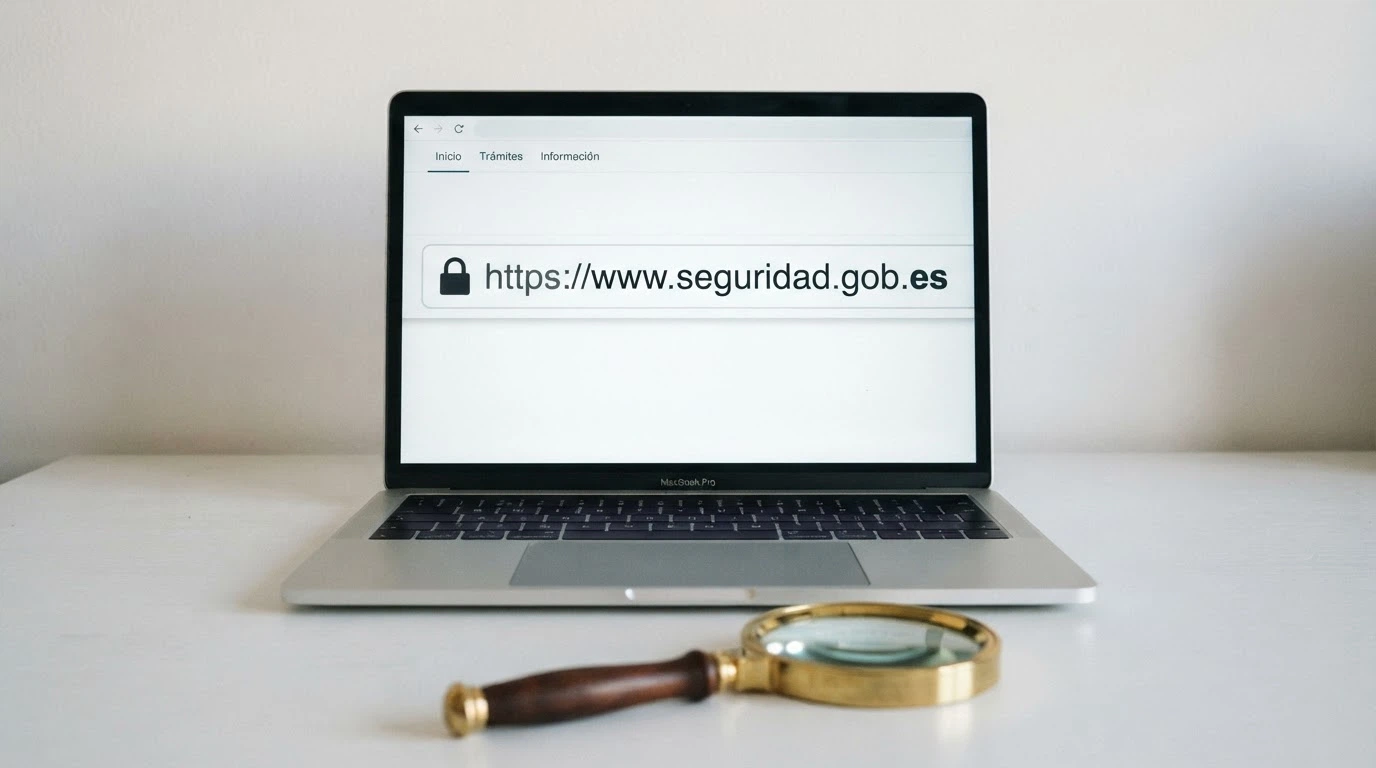 Una lupa sobre la barra de direcciones de un navegador mostrando un dominio .es y el candado de seguridad
