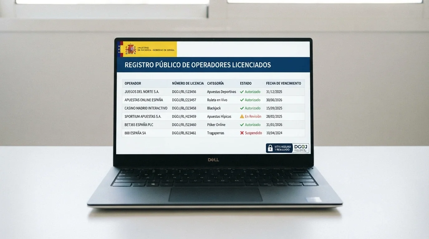 Pantalla del registro público de ordenacionjuego.es mostrando el listado de operadores con licencia, junto al icono de un candado