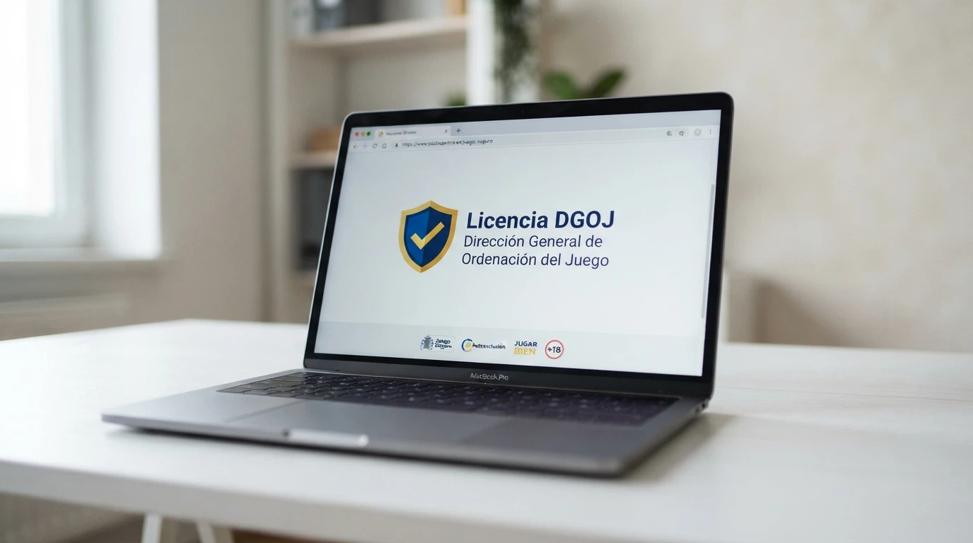 El logotipo de la DGOJ en la pantalla de un ordenador, con el dominio .es visible en la barra del navegador y un candado de seguridad al lado