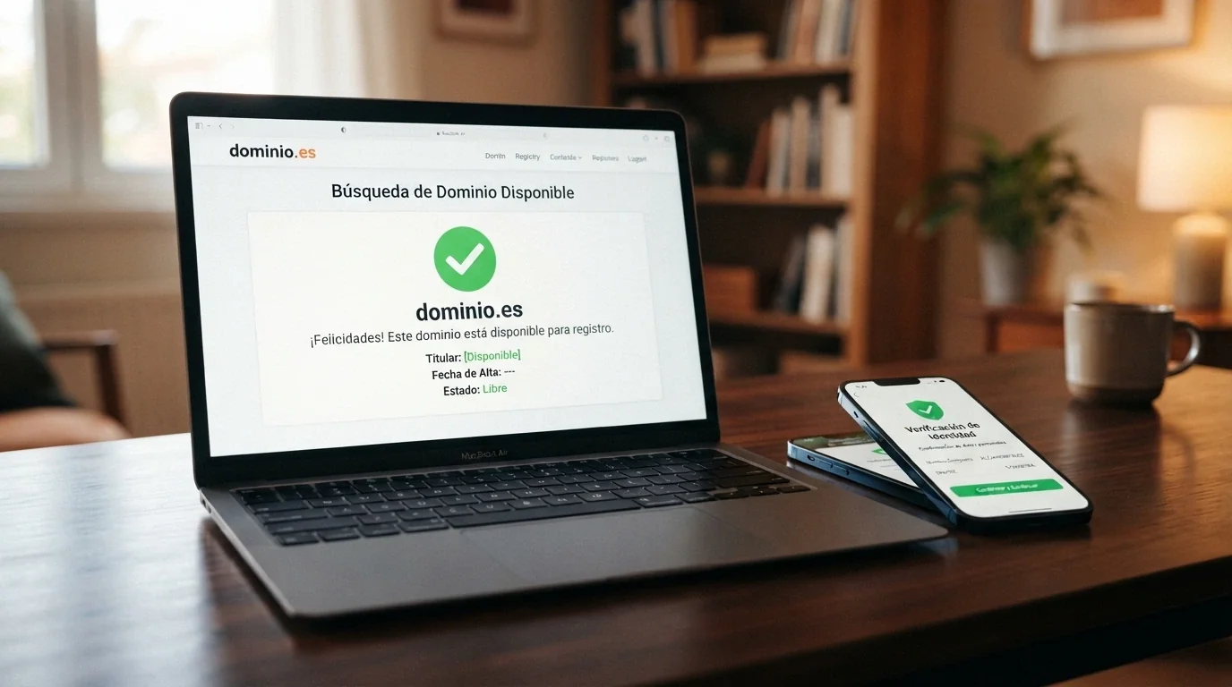 Documento oficial con el sello de la DGOJ y el texto «dominio .es» resaltado, junto a una pantalla de verificación de identidad