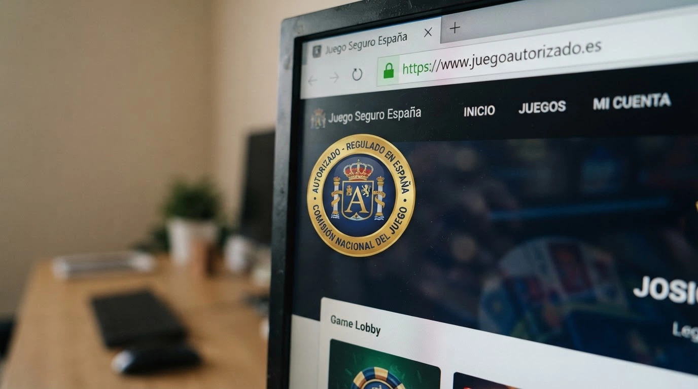 Primer plano del sello de «juego autorizado» de la DGOJ sobre el dominio .es de un operador, con el candado de seguridad del navegador visible