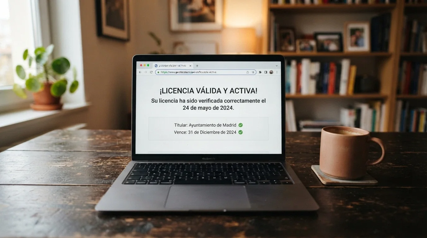 Pantalla de ordenador con el sello de la DGOJ, el dominio .es y el texto de una licencia general de juego