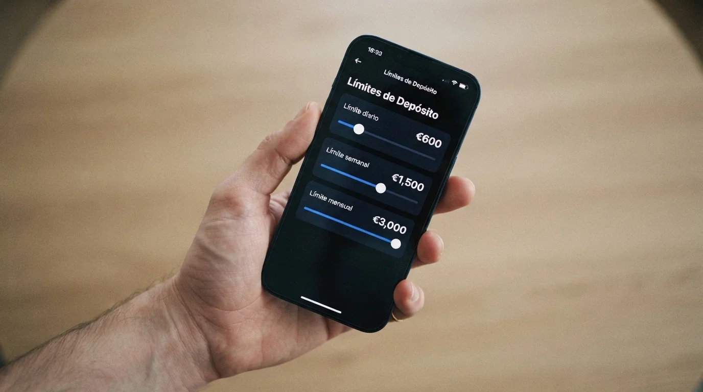 Interfaz de configuración de límites de depósito en un casino online español con los tres tramos (diario, semanal, mensual) visibles