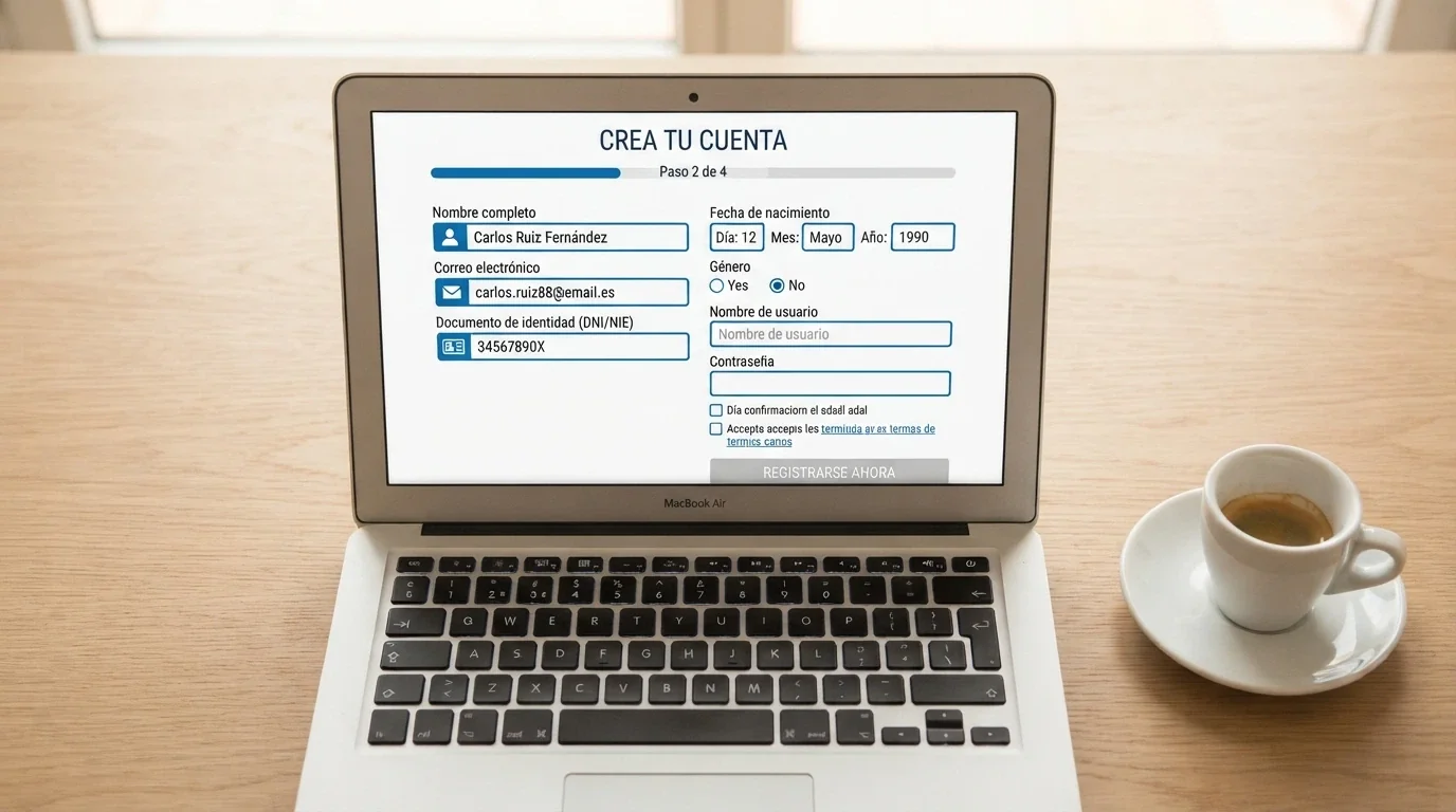 Un formulario de registro de casino online a medio rellenar en un portátil, junto a una taza de café