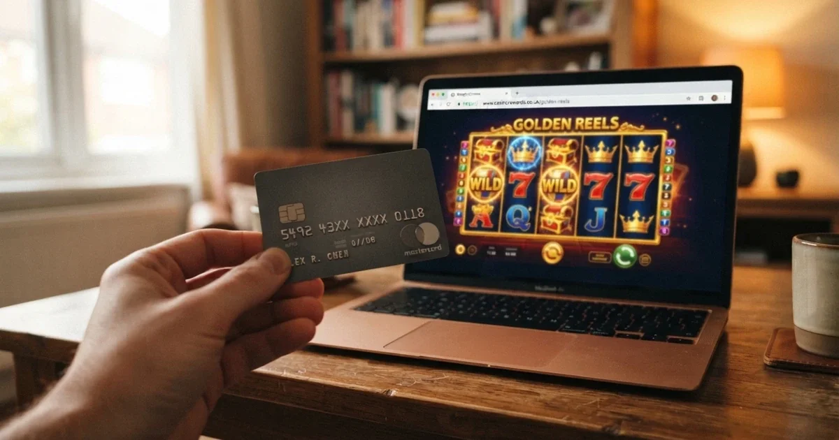 Mano sosteniendo una tarjeta de crédito frente a la pantalla de un ordenador con la interfaz de un casino online español visible, con el candado de seguridad y el dominio .es resaltados
