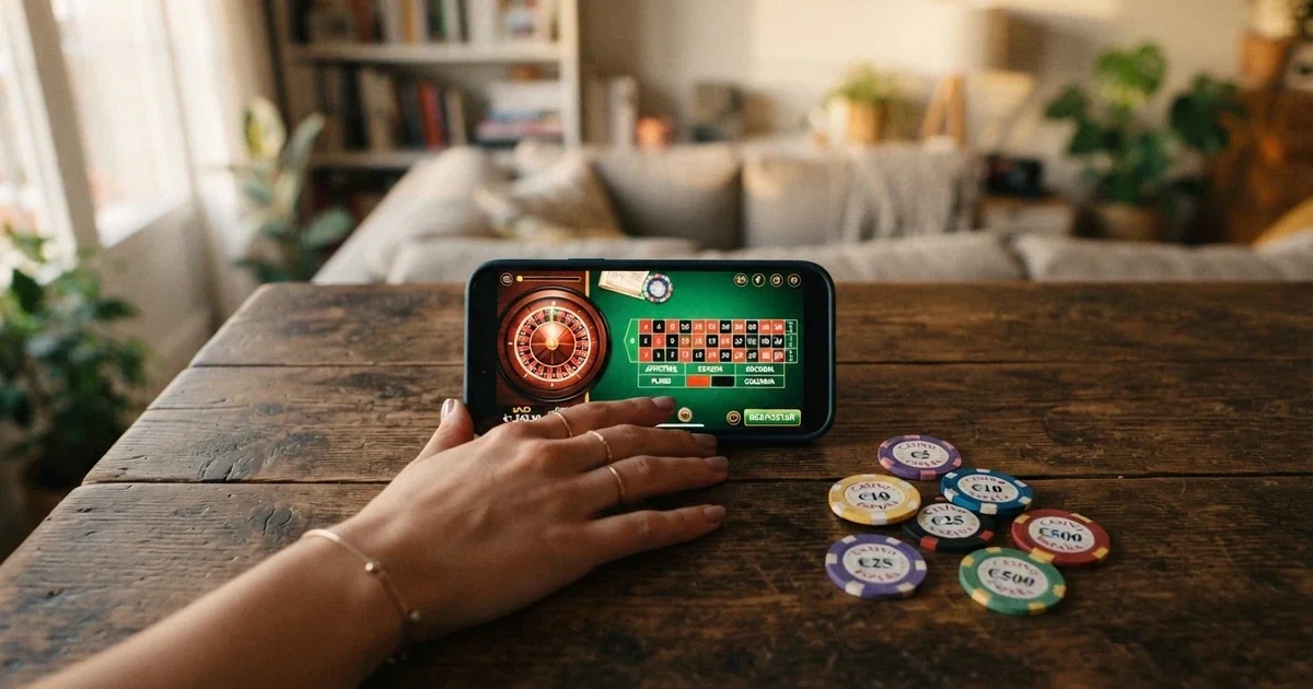 Mano tocando la pantalla de un móvil con una ruleta de casino y varias fichas de colores sobre una mesa de madera