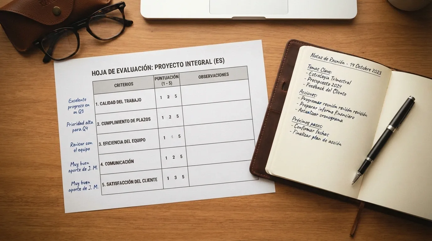 Documentos y criterios de evaluación sobre una mesa, representando el proceso de análisis de casinos
