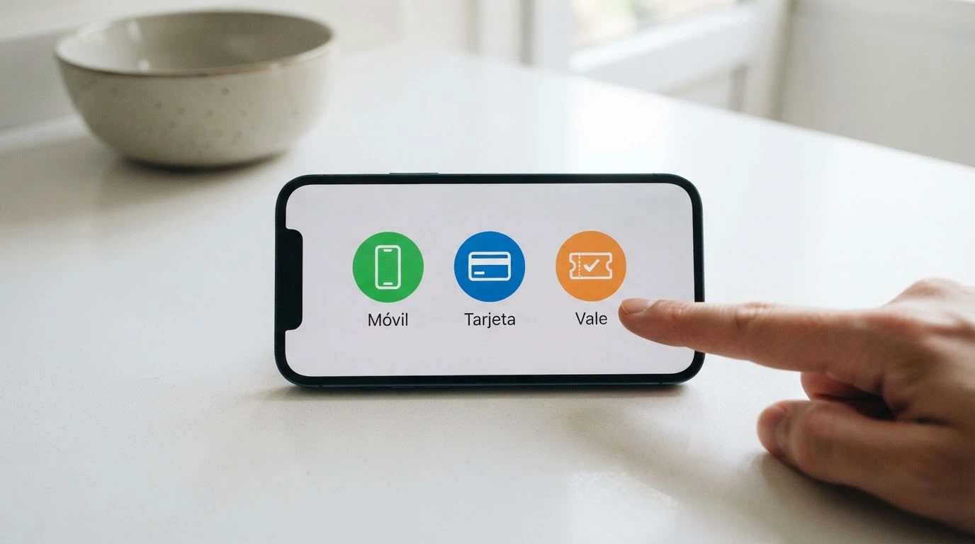 Teléfono móvil mostrando la pantalla de pago con Bizum, Visa y Paysafecard como opciones de depósito en un casino online