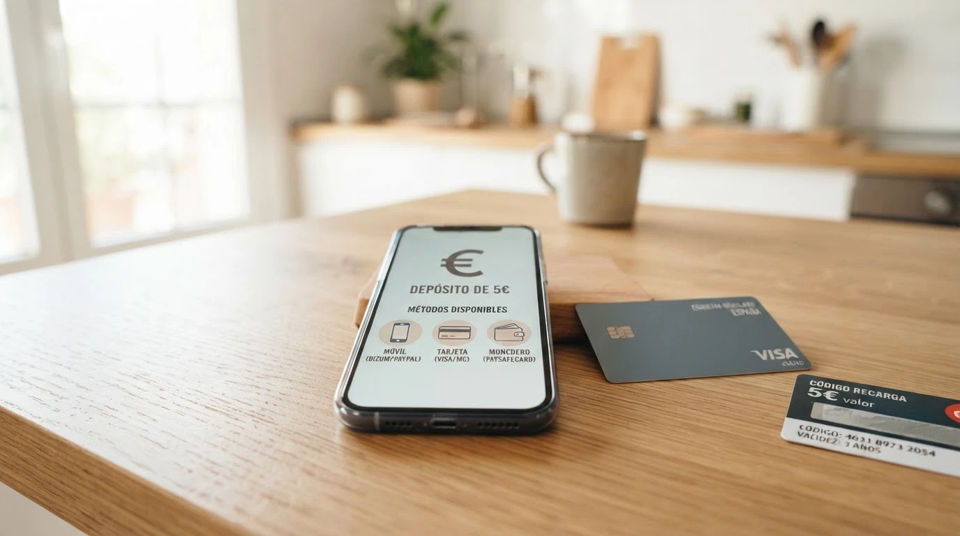Teléfono móvil mostrando la pantalla de pago con Bizum junto a otros métodos como tarjeta y PayPal en un casino online español