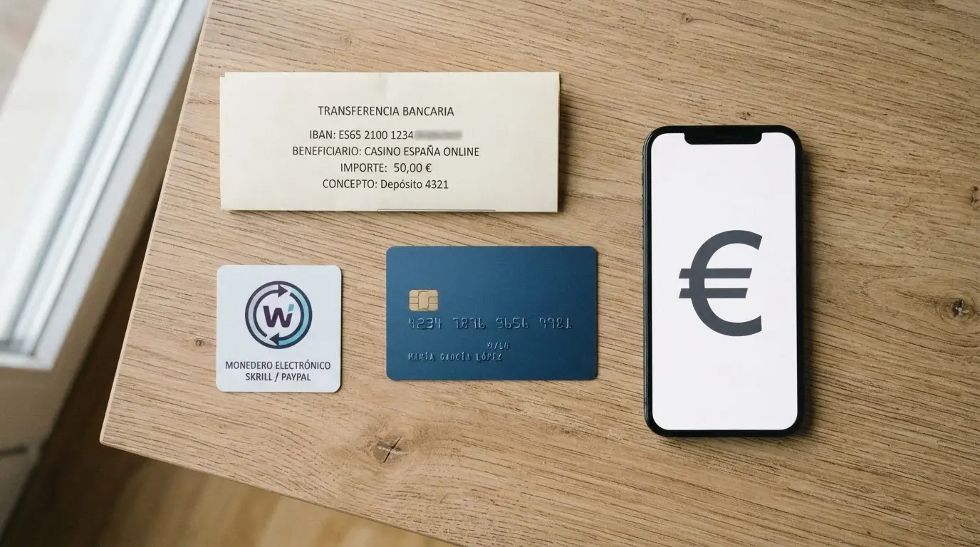 Disposición de varios métodos de pago usados en casinos online españoles: tarjeta bancaria, móvil con Bizum, monedero electrónico y transferencia