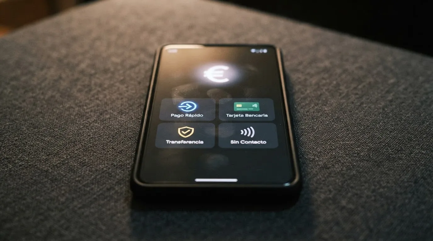 Un teléfono móvil mostrando la pantalla de pago de un casino online con los iconos de Bizum, Visa, Mastercard y transferencia bancaria como opciones de depósito.