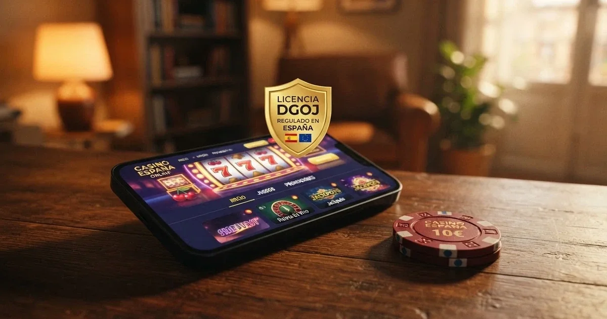 Pantalla de inicio de un casino online español con el sello de licencia DGOJ visible y una oferta de bono sin depósito destacada