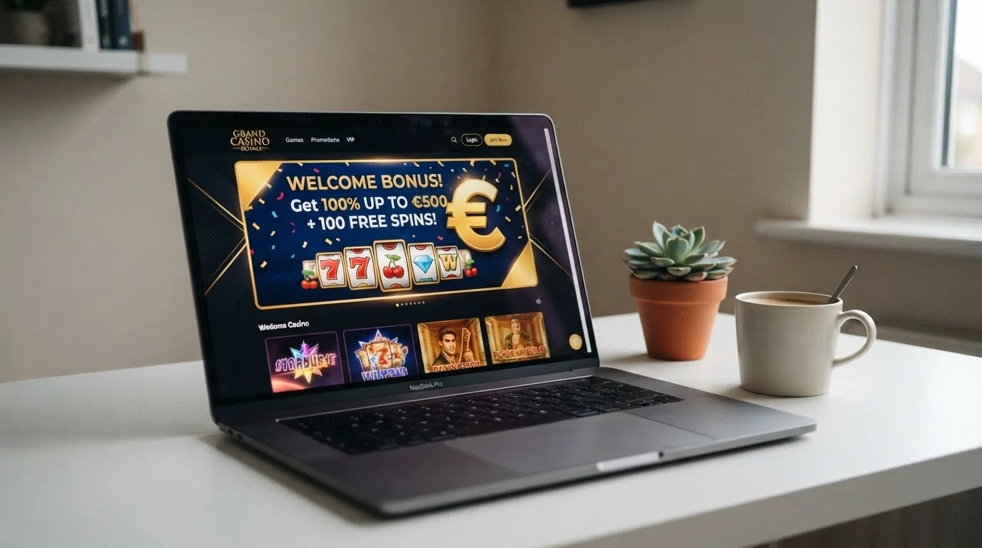 Interfaz moderna de un casino online de nueva creación con una oferta de bono sin depósito destacada en la página de inicio
